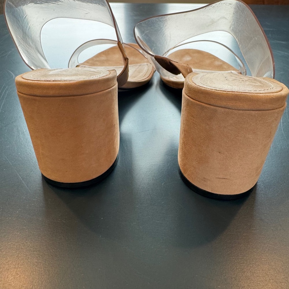 Schutz Women 9 B Clear Strap Tan Footbed Block Heel Slide Mule Sandals Neutral - Picture 9 of 16